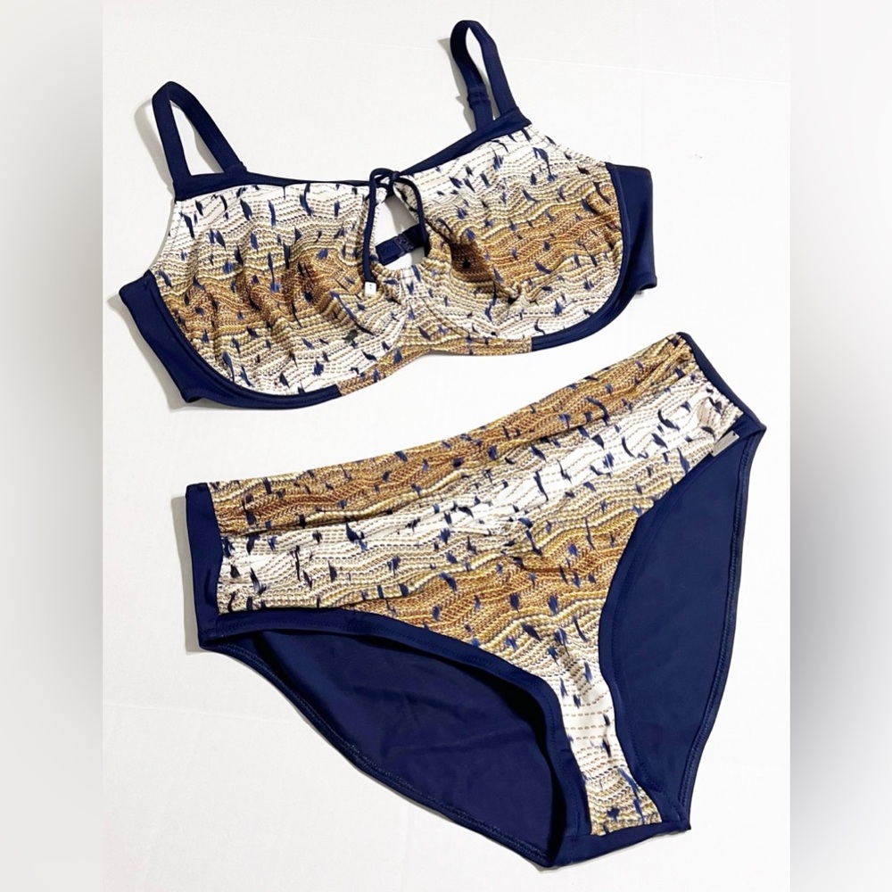 PLUS SIZE Charmline Chic Navy and Gold Bikini Set Top CUP E Bottom is Size 18